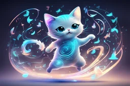 cute chibi dynamically dancing cat, holographic, bioluminescent, an image visualizing musical notes in an abstract and dynamic composition. Let the musical notes dance in the air, forming a symphony of shapes and symbols that convey the essence of sound. Show the notes floating and intertwining in air, creating a visually harmonious composition