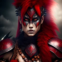 Barbarian anime character, animal hide armor, physically fit, tribal tattoos, scars, washboard abs, red facepaint, red hair, dark eyeshadow, intricate eyeliner, soft round eyes, beads in hair, 8k resolution, cinematic smooth, intricate details, vibrant colors, realistic details, masterpiece, oil on canvas, smokey background