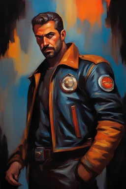 Eldridge A. Jones with crew-cut dark brown hair tapered on the sides, bangs over the forehead, goatee, bushy eyebrows, blue eyes, wearing a leather jacket - resembles Elvis Presley, pitch black background with an overhead spotlight effect, extremely colorful, oil painting by Frank Frazetta