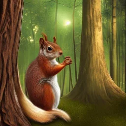 Fantasy image,wooded background, squirrel looming over a four inch person