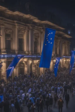 A full street in a big city with frech style building. The street is filled with blue flags held by people late at night