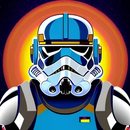 trés beau capitaine galactique, star wars style, avec costumes bleu et or , arrière fond bleu galactique étoilés, casque