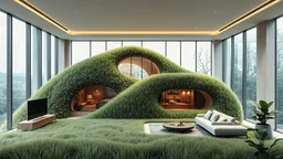 (Intricate Glamour Shot, organic-house-embedded-into-a-grassy-hill-designed-by-Kazuyo-Sejima-and-Ryue-Nishizawa-architectural-photography-style-of-archillect-futur inside a modern livingroom. 4K Ultra realistic Epic composition, rendering by octane, Sharp focus, High-resolution isometric drawing, ultra-detailed photography