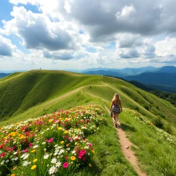 beautiful Green hills covered with flowers colorfull ,blue sky heavy clouds with godray ,very nice flowers at closeup ,wonderfull mountains at distance,beautiful lady look at camera ,walking at hills full body shot