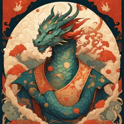 Bordered digital illustration of a Dragon Emperor by Victo Ngai. Torat card, Hanafuda style. High quality, masterpiece.