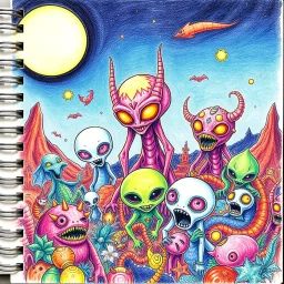 rich color pencil hand doodle sketch on a spiral binder notebook page, psychedelic alien beasties under a full moon, in the style of Don Hertzfeldt and Jon Carling and Joel Pett, incredible busy doodle world