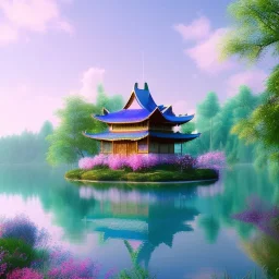 jolie petite maison asiatique lacustre, lac turquoise, ciel rose et bleu, lumière, fleurs délicates, ambiance très réelle, 8k, Cinematic lighting. Photorealistic. Dynamic lighting. Imperial colors.