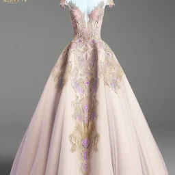 stunning couture gown designed by Marchesa inspired by fairytales, realistic, detailed, high quality, intricate, dreamlike background, soft pastel colors