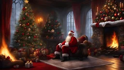 skeleton body, Santa Claus sat next to a log fire, Christmas decorations and a Christmas tree, Bastien L. Deharme, highly detailed digital painting, gothic art