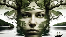 une image compose de visage d'une femme et des arbre et bateaux sur des mer