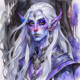 dnd, fantasy, watercolour, large strokes, stylistic, portrait, illustration, dull colours, woman, dark elf, drow, face, narrow long face, cruel face, cold demeanor, purple eyes, piercing eyes, vicious expression, white hair, very long hair streaming down the shoulders, lush hair, elegant, short small mouth, cruel smile