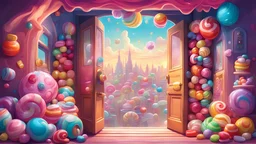 A magic door that overlooks the city of colorful candy and toys style cartoon