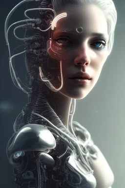 cyberpunk, head, women, portrai, face cry, black eye tears, tron, cyborg, robot, cyborg, white hair, seven , perfekt, real, dream, hr giger