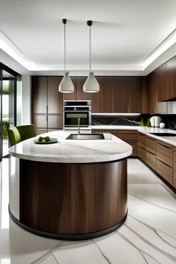 Kitchen, modern style, poliform, dark walnut timber veneer, curve island bench, marble bench top, cook top, grey tile floor