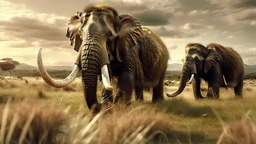 extinct mammoths in a typical grassland with intricately detailed faces, professional photography, a breathtaking background, natural environment, cinematic side light, long shot on DSLR 64 megapixels sharp focus, canon lens, Hyperrealistic, concept art, 16k resolution