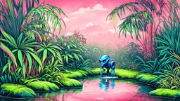 sketch lines, A botanical garden on an alien planet with thick, colorful foliage, featuring a small lagoon with shimmering water reflecting a vibrant pink sky, and a lone alien creature with blue skin drinking from the water., sophisticated muted-green color scheme, pencil drawing