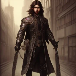 Male, Human, dark long hair, Black Eyes, Young, Photorealism, Full Body Shot, City Background, sharp focus, dark, black, steampunk, sword