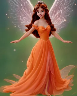 Princess with long brown hair, flown orange dress and fairy wings, Disney Princess-like
