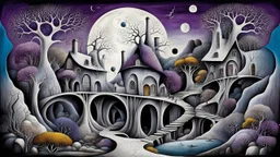 whimsical weird houses in weird whimsical landscape between two long thin bridges, surreal vibe with abstractions, around surreal cracked painted weird land with rocks, trees, two moon, deep dark purple, gray, black, white, brown pale blue colors. style of Chagall , of Minjae Lee and Tim Burton, absurd beauty picture. weird bizarre absurd, nightmare, big neuron network clouds background and thin bridges, too big, too elongated shapes, psychedelic dream