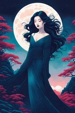 create an imaginative print illustration of an ethereal, otherworldly seductive ancient female Lasombra vampire , in the style of Hasui Kawase and Shiro Kasamatsu