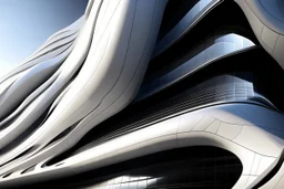 Zaha hadid sheikh chanel, futuristic building facade, 16K, ultra realism. day lighting