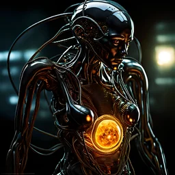 a pregnant human-cyborg-alien hybrid, humanoid, glass belly, human baby visible inside the belly,Sony Alpha 7 50mm 1.8,medium shot, high-resolution image with fine details, ultra detailed, extremely realistic, intricate, photorealistic, epic composition, masterpiece,perfect detailed face,cybernetic,cable electric wires,citrine,microchip,anatomical,polished,porcelain,highly detailed,meticulous,biopunk,accurate lighting,portrait,H.R.Giger style