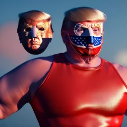 Realistic image of Donald trump wrestler, Mexican wrestling style, Mexican eyes wrestling mask, red and blue breeches, suspenders, retro style, 80s, vibrant color, highly detailed, sky background, concept art, unreal engine 5, god rays, ray tracing, RTX, lumen lighting, ultra detail, volumetric lighting, 3d, finely drawn, high definition, high resolution.