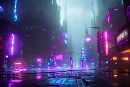 Cyberpunk district with giant foggy skyscarpers, cars, FoV: 100, HD, Unreal Engine 4, heavy rain, rainy streets reflection, neon signs, low contrast, grainy, less color, titanfall,