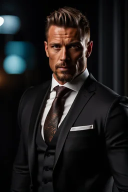 portrait of a 35 year old Handsome, rugged and muscular male leader with lightly tanned skin and tattoos. light brown hair and a goatee beard. wearing a three piece suit. photorealistic