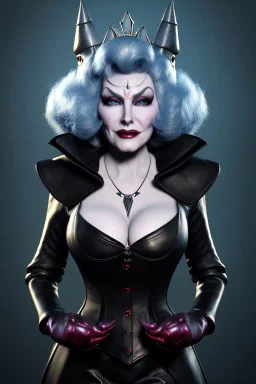 Mae West as evil queen in black leather, leather, busty, cleavage, angry, stern look. character design by cory loftis, fenghua zhong, ryohei hase, ismail inceoglu and ruan jia. unreal engine 5, artistic lighting, highly detailed, photorealistic, fantasy