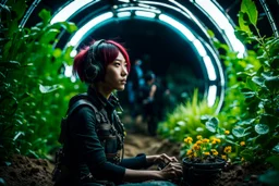 Unground solar punk tunnels, cinematic, dof background a, dystopian, sci-fi, award-winning, Yui working hard in a garden, National Geographic, breath taking, oxygen farm but outside is a desert, fantasy, magical