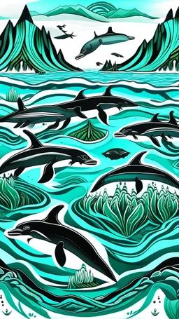 A turquoise glacial ocean with orcas designed in Navajo baskets