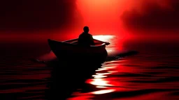 The shadow of a man praying to the sky in a small boat as red rain falls