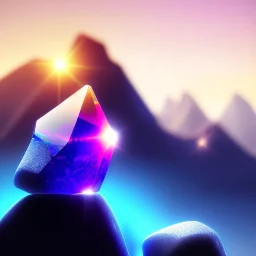 photograph of a (one massive colorful crystal:1.2) growing out of the rocky mountain, (focus on crystal:1.2), 4k, 8k, (highly detailed), ((landscape)),(translucent crystal:1.1), light going trough the crystal, bokeh, chromatic aberration, mountain view, blue and pink background