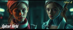 cyberpunk fallout 4, high-end advertisement image for a fictional service called “Splice Girls Nurses, Rebuilding Bone Structure on Transparent People™”. Split-screen composition with two contrasting emotional states.