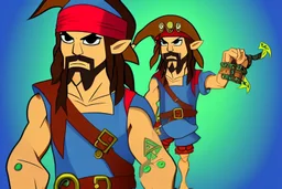 Cartoony and muscular Captain Jack Sparrow, showing his expensive wrist watch, Legend Of Zelda: Wind Waker style, stylized, colorful, adventurous.