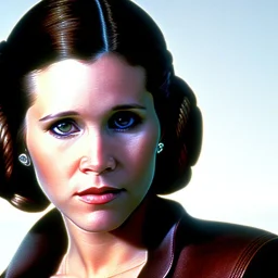 analog style, Beautiful photorealistic close up face of carrie fisher, soft light, soft ethereal skin, rim lighting, sharp brown eyes, dark plain background