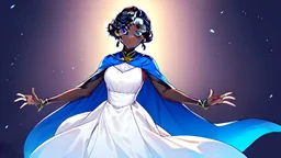 She's diminutive, with brown skin, short black dreadlocks hair. She has indigo blue eyes. She wore a long blue cape over a white dress.