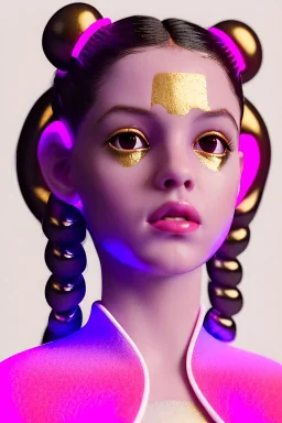 Rosalía artist, Realistic image, natural waist up portrait, perfect eyes, glow, circle iris, eye liner. sweet face, pigtails hair, spray line make up, glow. lips, gold. big rings piercing, led ornament, pearls. coat, latex, inflatable, hot, led lights, minimal, neon, pink, blue, gold, vibrant color, highly detailed, art stations, concept art, smooth, unreal engine 5, god lights, ray tracing, RTX, lumen lighting, ultra detail, volumetric lighting, 3d, finely drawn, high definition, 4k.