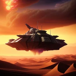 volumetric dramatic desert Battle scene with futuristic hovering military armored Hovercraft painted by chris foss, floating, 4k, 8k, Minutiae, highly detailed, With laser Turret, pennant, hovering, stripes, sunset, duststorm, nimbus clouds, tornado]