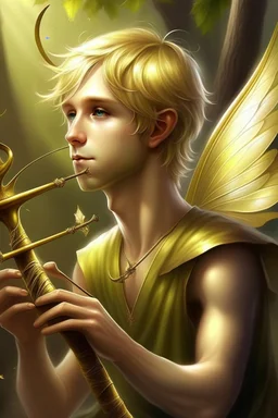 fee, männlich, libellen flügeln, hellblondes Haar, Flöte spielend, lange spitze Ohren, goldene Augen, realistisch