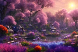 monde en fleurs, concept art, crépuscule , fuksia bleu oranger, vibrant Color, réaliste, riviere bleu, tree-house