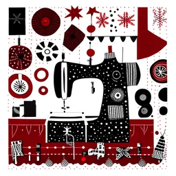 a Christmas card in a graphic style, a sewing machine made of tailoring accessories, threads, buttons. Red, white and black colors. Christmas elements