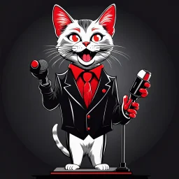 Ilustración vectorial de un gato antropomorfico hablando en un atril con micrófono, colores negro, blanco y rojo, fondo negro