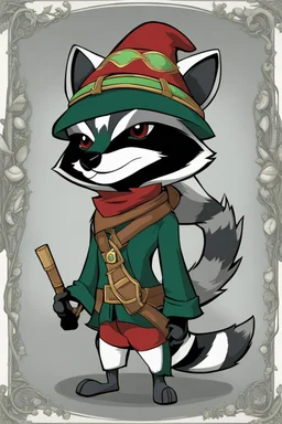 Remy is a raccoon with charcoal-gray fur and emerald-green eyes. He has a black mask-like pattern around his eyes. He wears a tattered dark blue bandit's outfit with a red sash and a feathered hat. Additionally, he carries a leather pouch for stolen treasures. This description is suitable for creating an image in the style of "Sly Cooper: Thieves in Time."