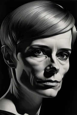 portrait frau, dünn ergraut, die haare zu einem unvorteilhaften bob geschnitten. haut straff über die hohen wangenknochen gezogen welche die konturen des schädels entblösen. dunkle eingesunkene augen, schwarz umringt