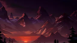 Stylized image of a city, near a serene lake and mountains in the background at sunrise