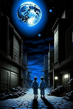 BUILDING THE MOON HIDDEN SHADOWY FIGURES LABIRINTHINE STREETS STYLE OF HIROKU OGAI