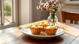 close up three delicates tart cakes filled citrone creme on a nice ceramic plate on a wooden table. professional food photo, Natural, warm sunlight streams in from a window on the left, casting pleasant shadows and creating a cozy, vase with meadow flowers, relaxed morning atmosphere