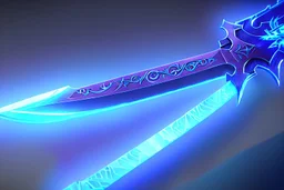 A fantasy greatsword, the blade is made up of ice, shimmering with an ethereal blue glow. It's hilt is crafted from swirling vines, leading to a vibrant rose crystal at the pommel, with a black background behind it.